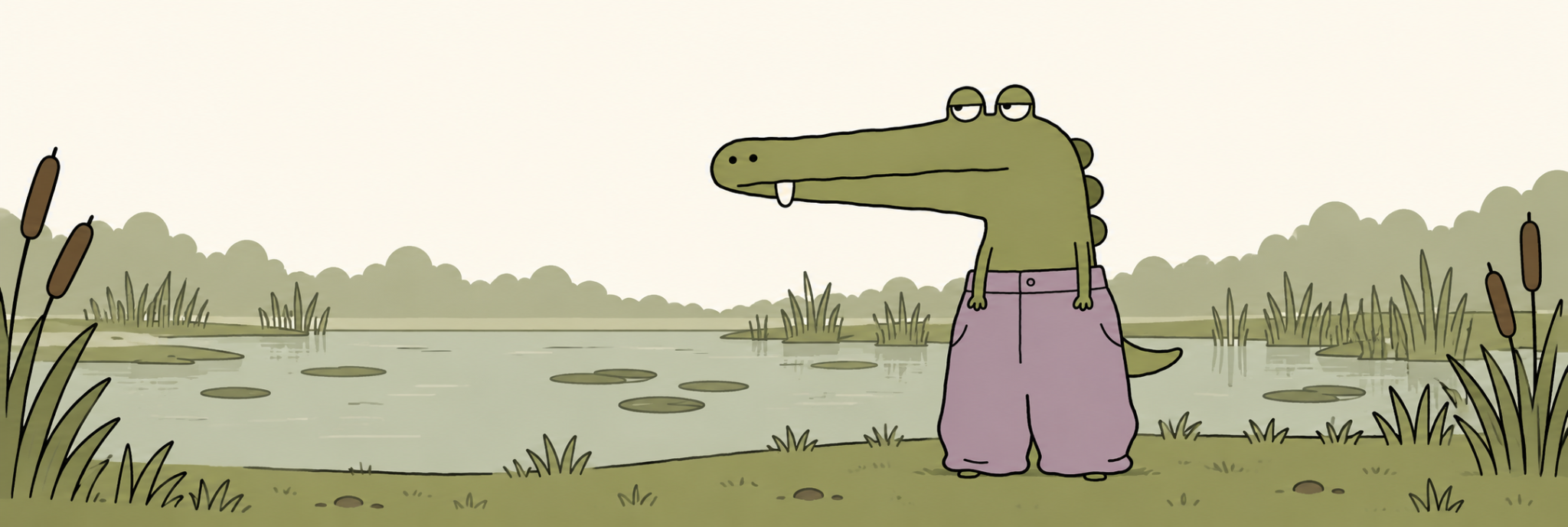 Original Baggy Croc banner: the crocodile beside a quiet reed-lined swamp