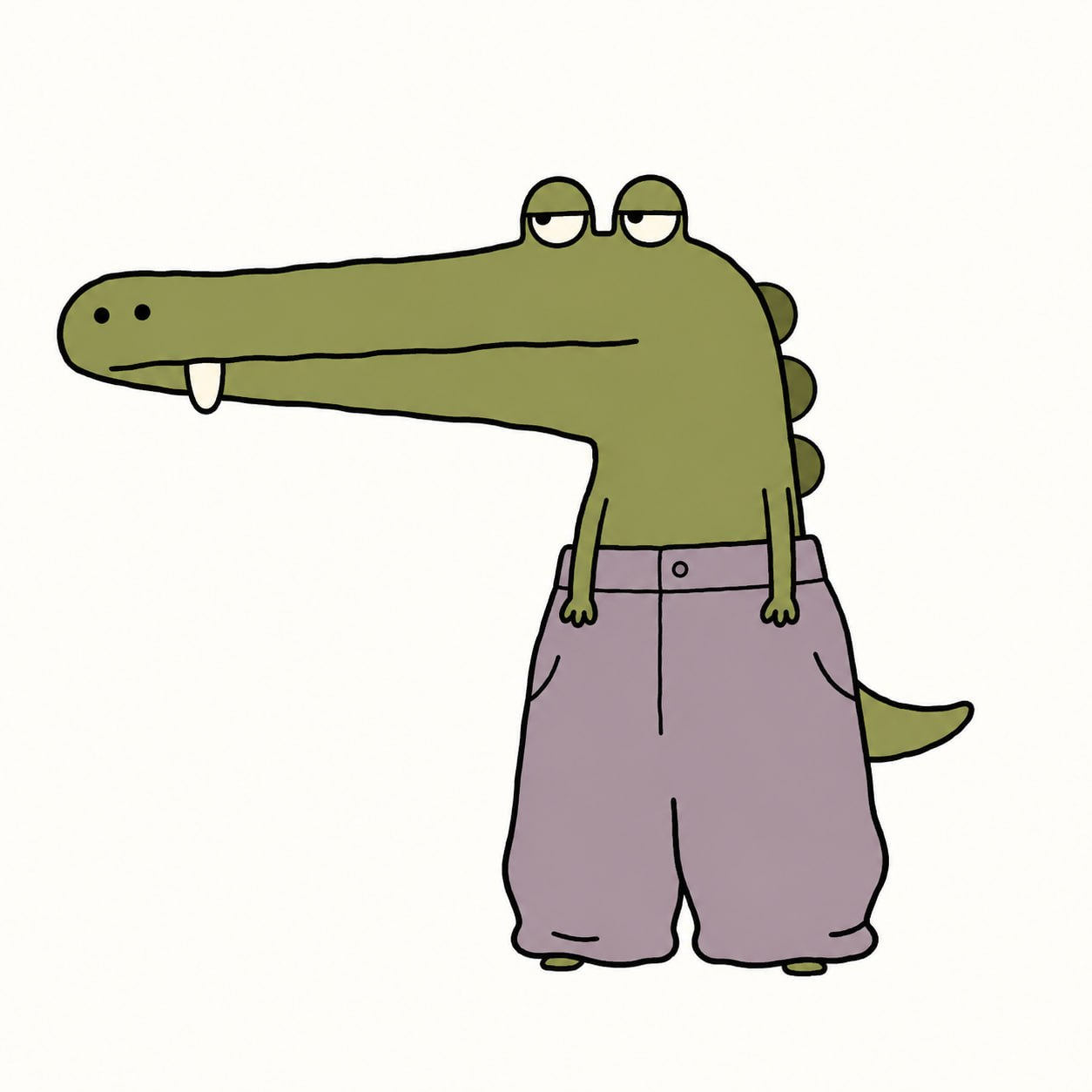 Baggy Croc with sleepy eyes and oversized lavender pants