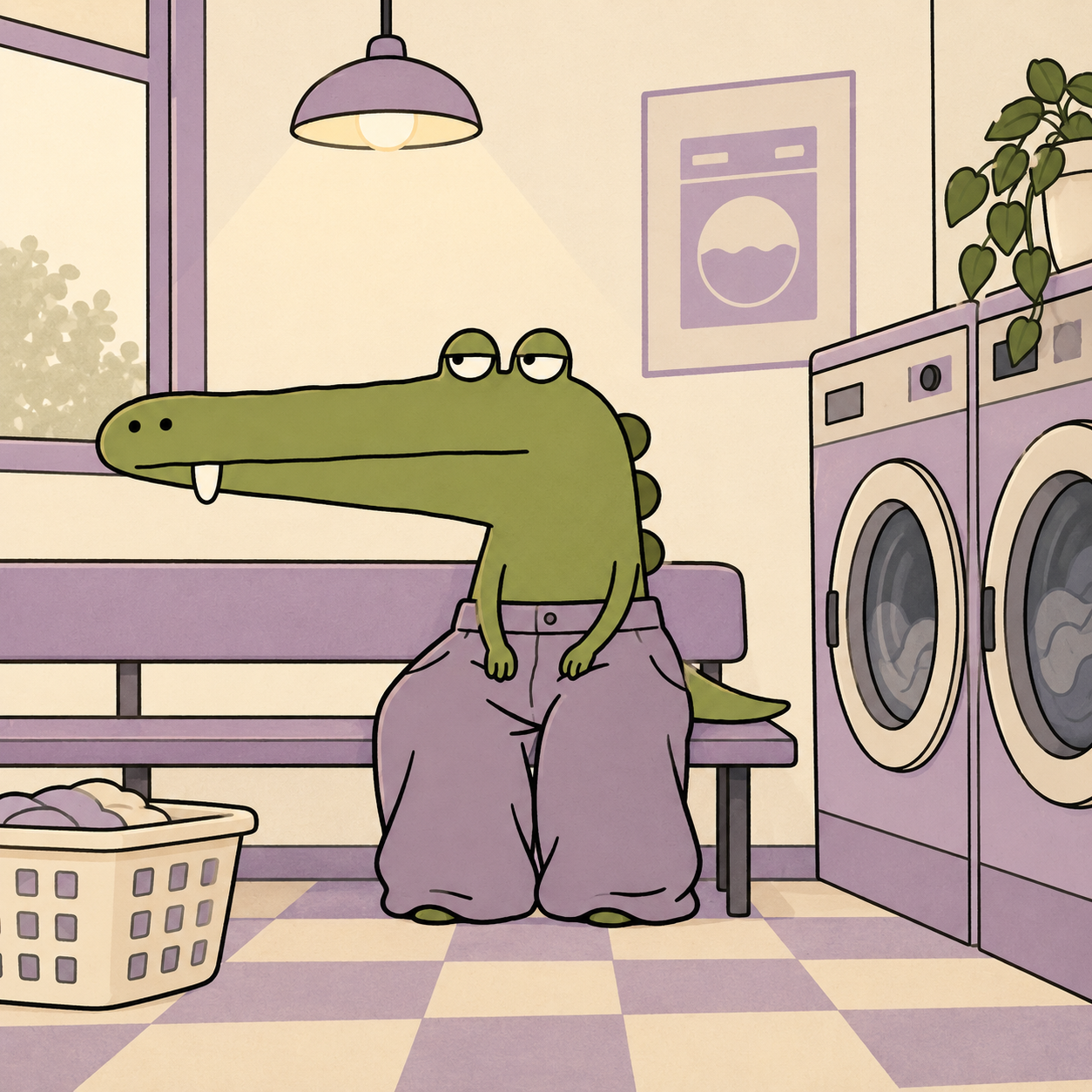 Baggy Croc waiting at a lavender laundromat