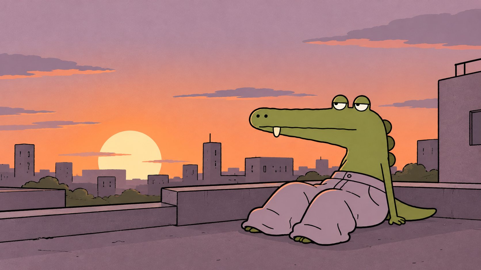 Baggy Croc relaxing on a rooftop at sunset