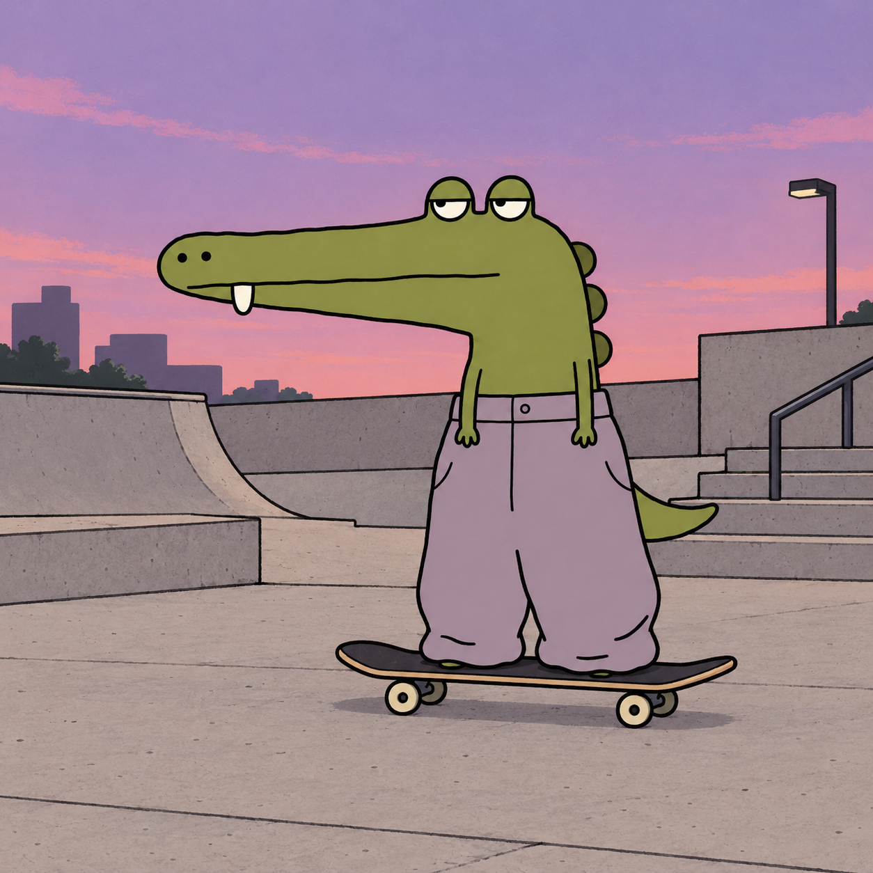 Baggy Croc on a skateboard in a quiet skatepark