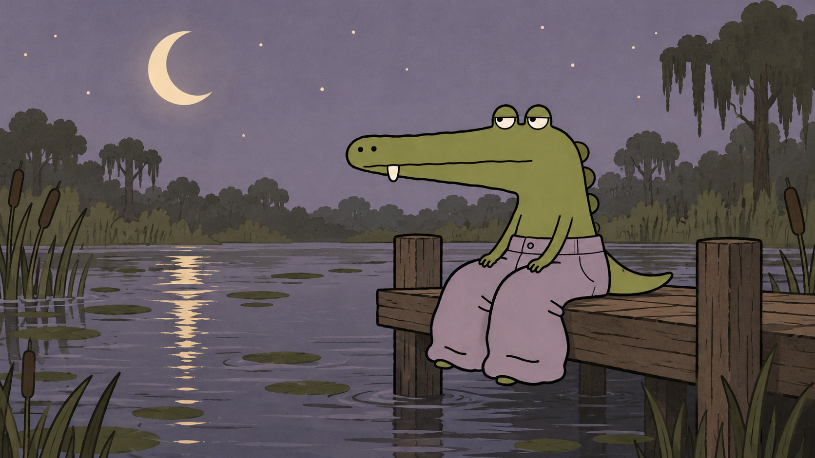 Baggy Croc sitting on a dock beside a moonlit swamp
