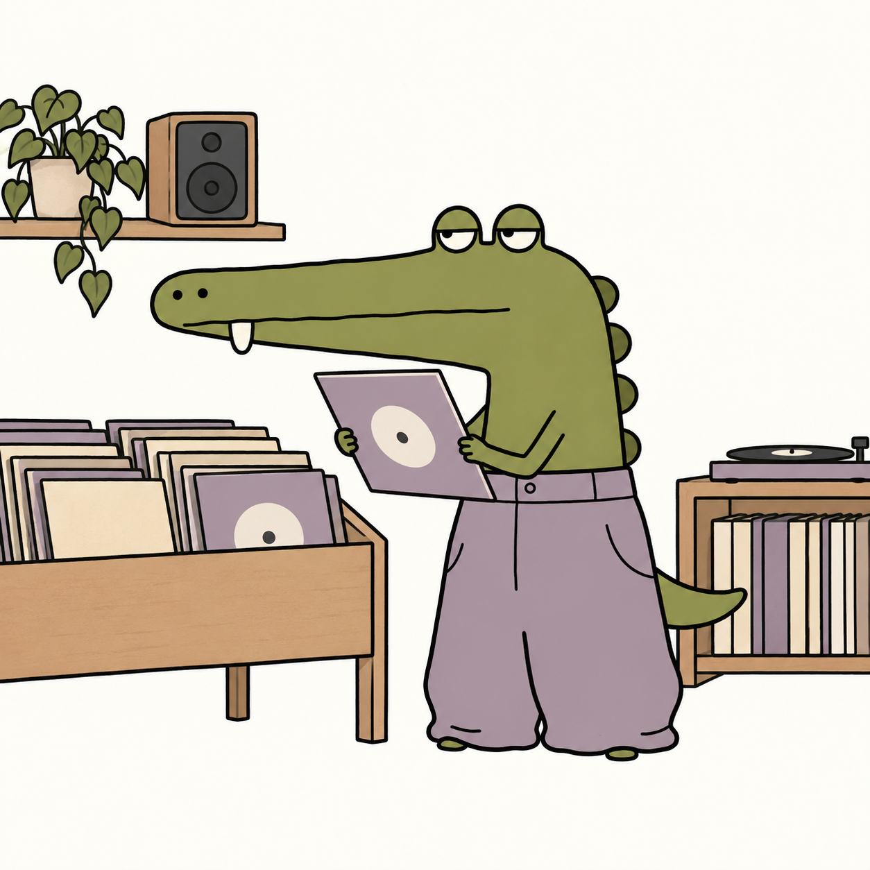 Baggy Croc browsing a cozy record shop